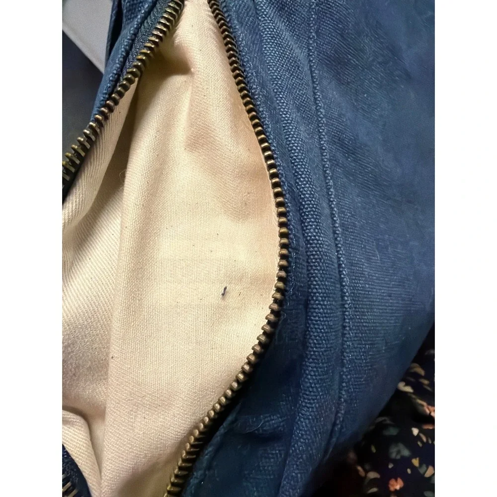 TOMS Navy Blue Canvas Backpack Adjustable Straps Brass Hardware Carpe Diem